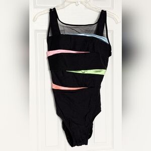 Women's Black 1-Piece Swimsuit/Bathing Suit w/Mesh Neckline & Colorful Accents